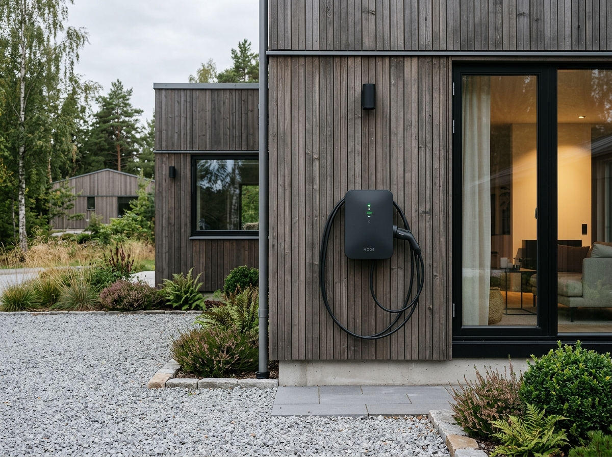 Modern minimalistisk laddbox installerad på träfasad bredvid elbil